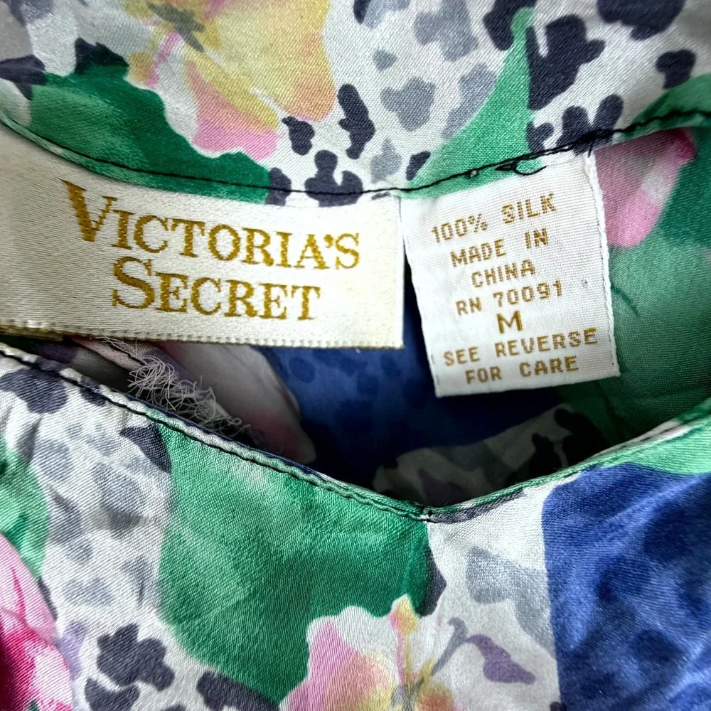 Vintage Victorias Secret Silk Slip Dress Women Medium Green Blue Floral Chemise